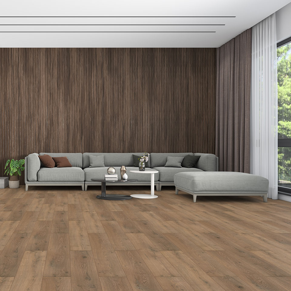 Lamiante flooring in brown in warm styled living room