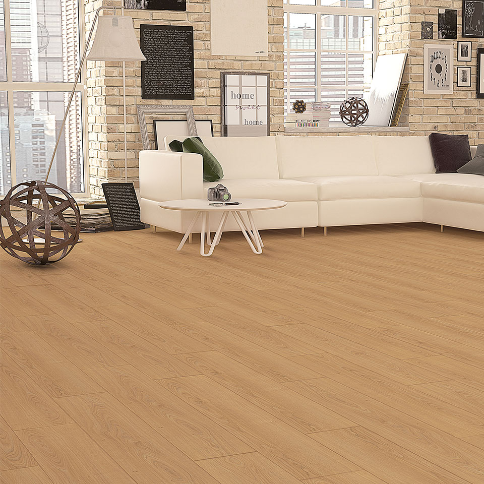 Lamiante flooring in light brown on sunny day