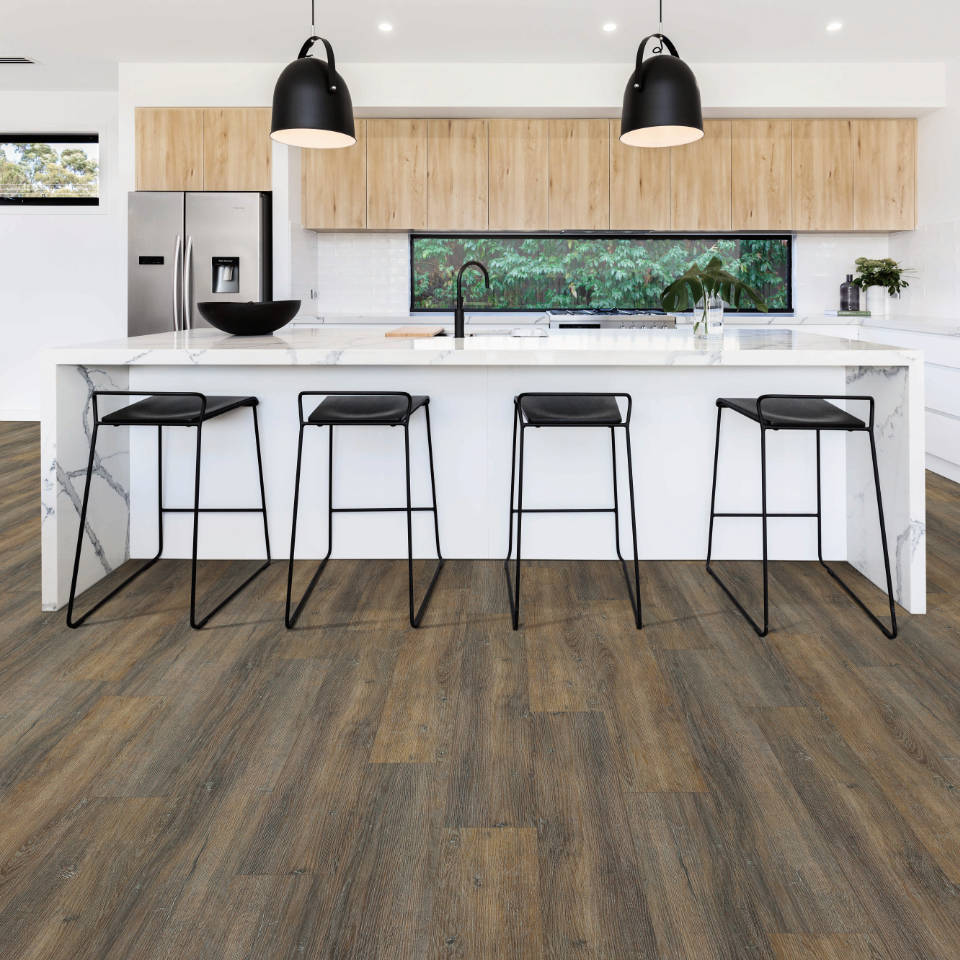 LVT flooring in a kitchen with black stools