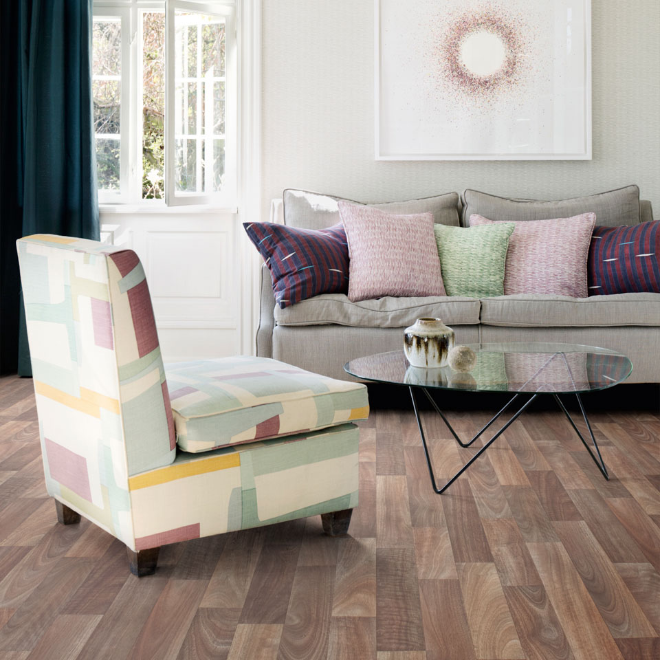 Wood effect vinyl in funky living room with armchair and sofa