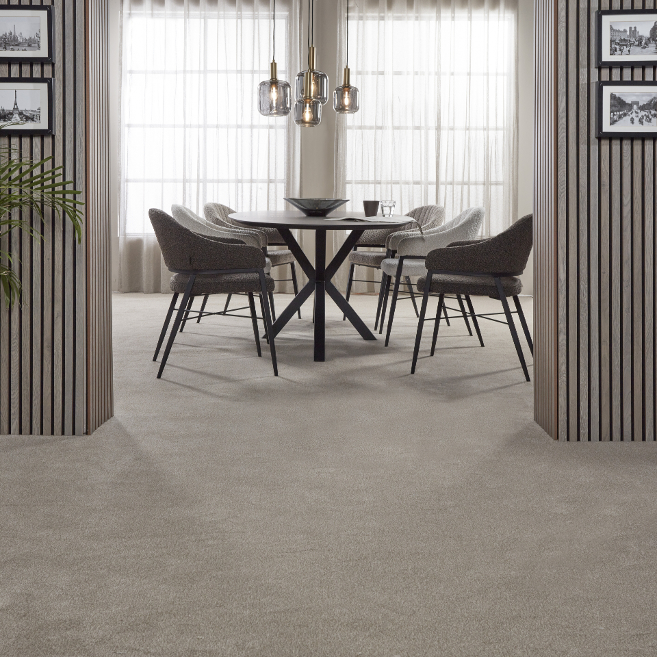 Adelaide saxony carpet displayed in a dining room